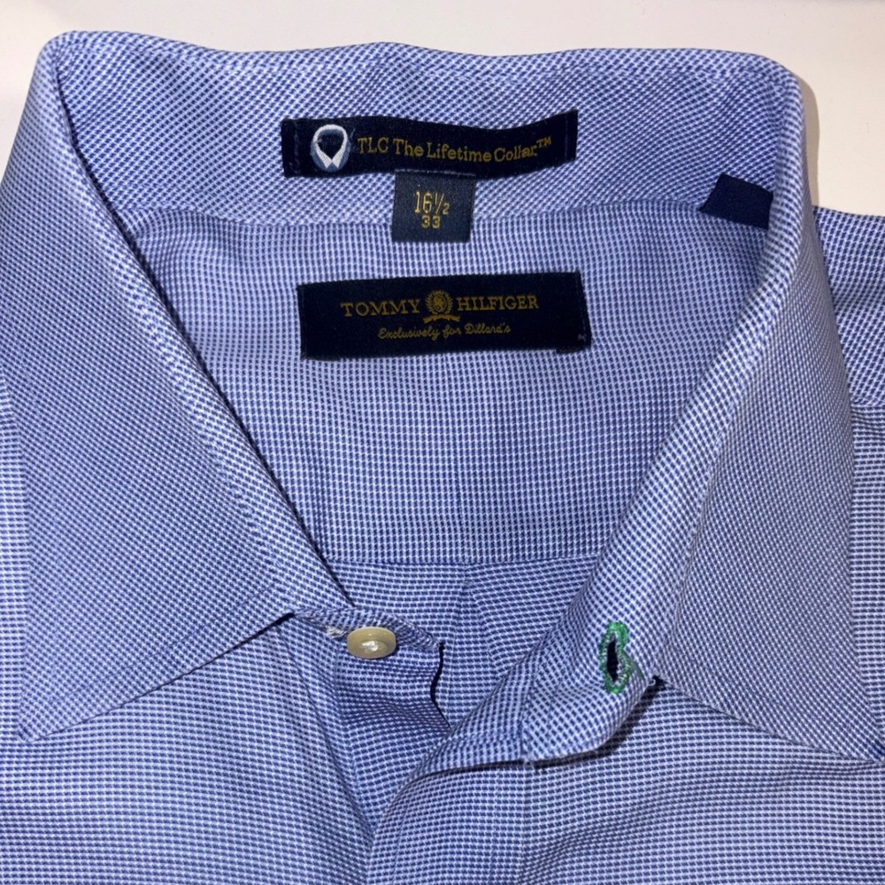 Tommy Hilfiger Men's Blue Gingham Dress Shirt 16 1/2 33 TLC The Lifetime Collar